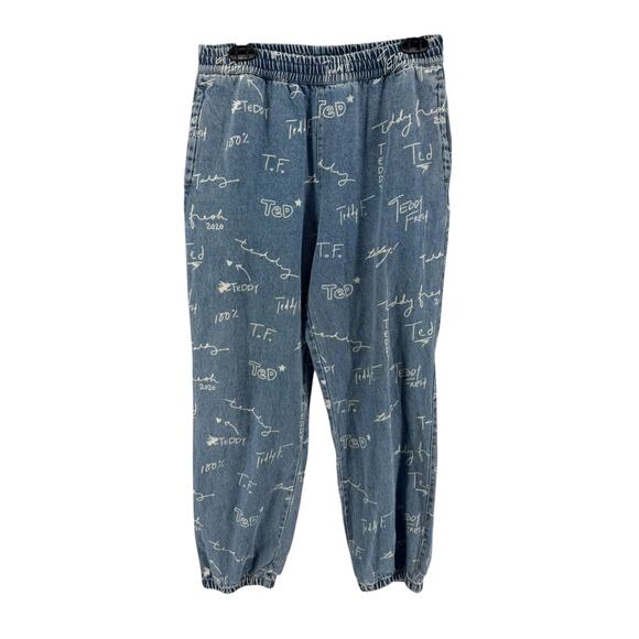Teddy Fresh Women's Blue & White Spellout Boyfriend Jogger Jeans Size Small - Picture 1 of 7
